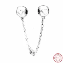 Тисненые сердца безопасности цепи с четкими CZ оба конца DIY Fit PANDORA талисманы Серебро 925 для женщин ювелирных изделий SF019