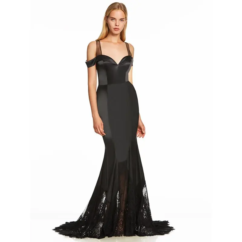 

Dressv black long evening dress mermaid sweep train cheap straps wedding party formal dress trumpet lace evening dresses
