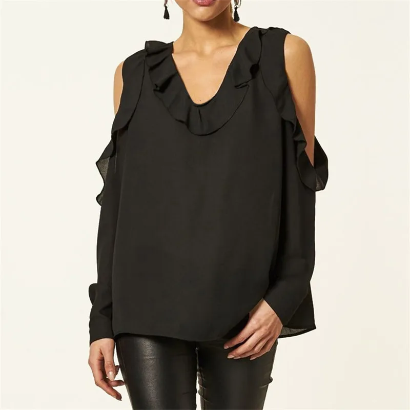 

Womens Tops And Blouses 2019 Fashion Ruffles Women Off Shoulder Chiffon Blouse Sexy V Neck Long Sleeve Top Casual Shirt Blusas