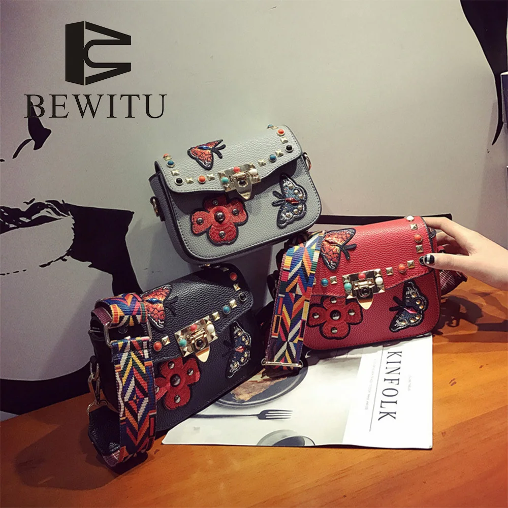 BEWITU New Retro Mini Butterfly Embroidery Rivet Bags Ribbon Shoulder