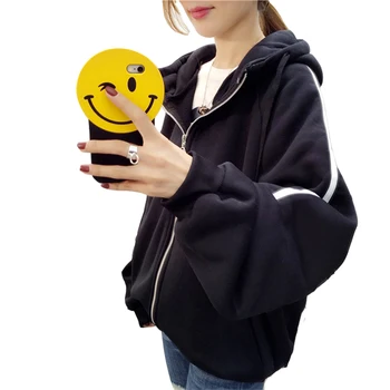 

Women Casual Loose Solid Females Hoodies Black White Hooded Sweatshirts Female Korean Style Long Sleeve Thickening Velvet Womens