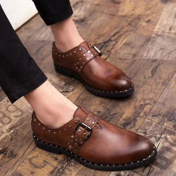 

Misalwa Rivets Men Shoes Pointed Toe Wedding Party Dress Shoes Young Boys Formal Suit Footwear with Buckle Leather Oxfords Flats