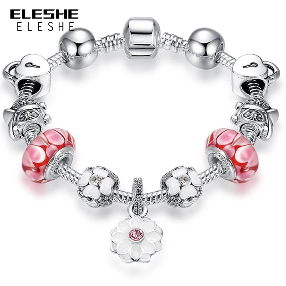 ELESHE Authentic Silver Color Snake Chain DIY Flower Charm Bracelet & Bangle Fashion Jewelry for Women Gift