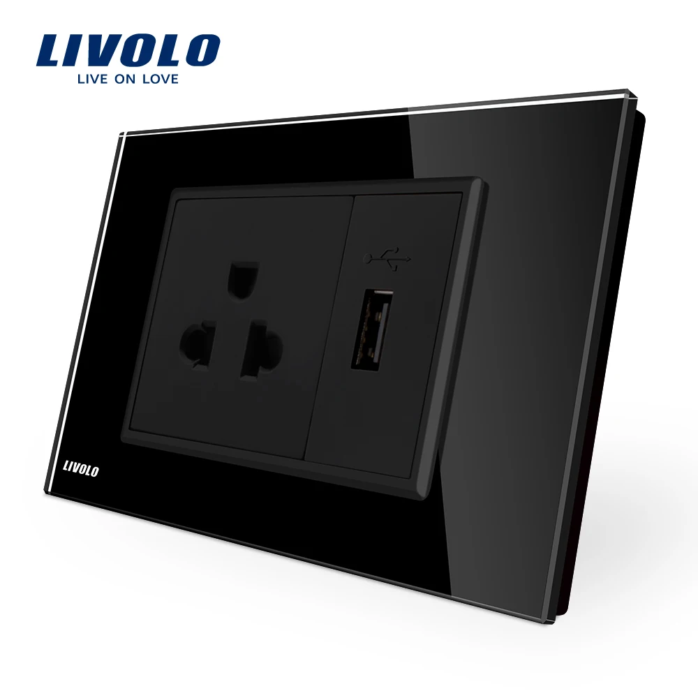 Livolo us розетка с usb зарядным устройством, белая/черная кристальная стеклянная панель, AC 110~ 250V 16A настенная розетка, VL-C9C1US1U-11/12