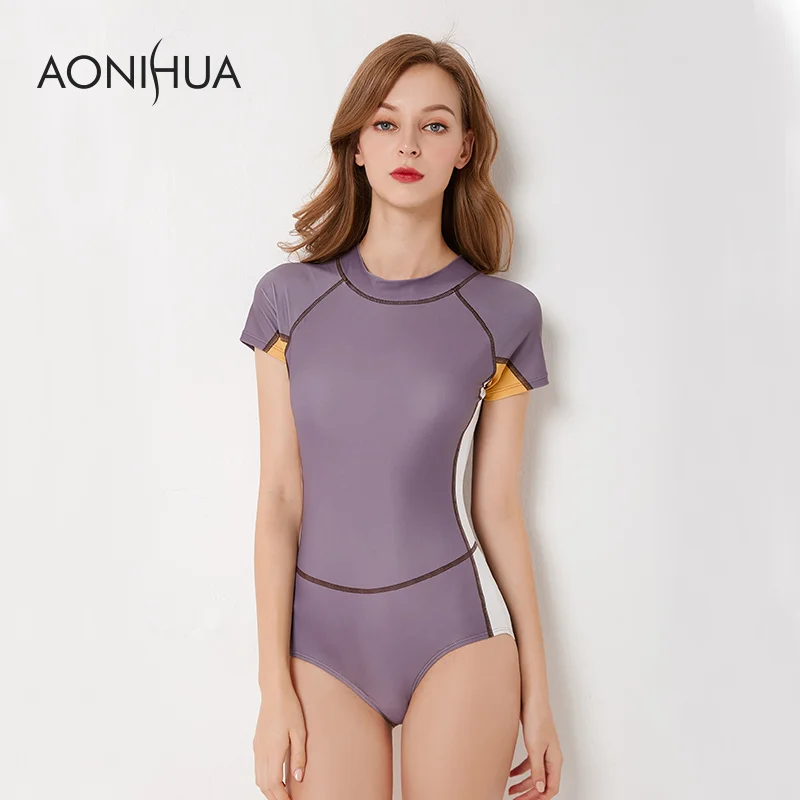 Женский спортивный купальник AONIHUA пляжная одежда с коротким рукавом фиолетовый
