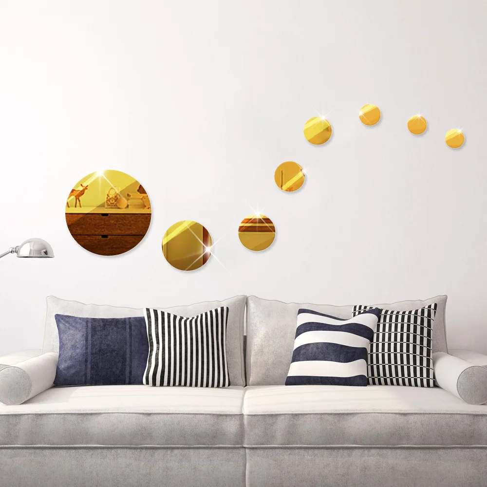 9 Pcs/Set Fashion Home Decor Round Shape Mirror Wall Stickers Gold