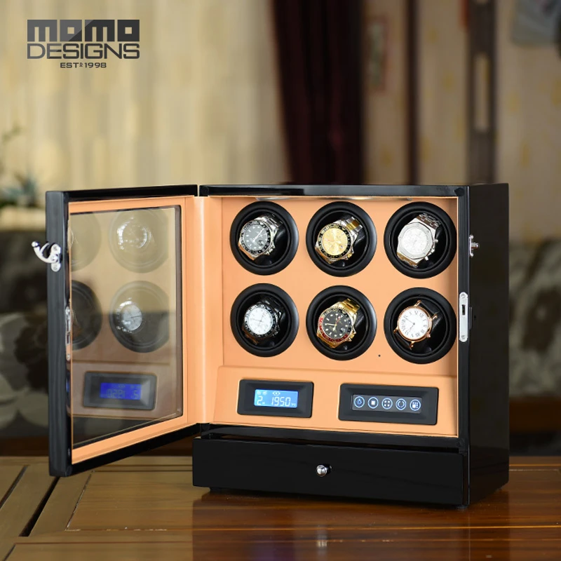 Luxury wooden watch winder with drawer, High quality LCD control 6+2 Automatic watch winder box watch storage case Birthday gift