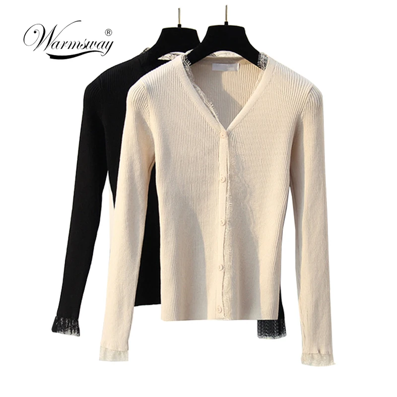 

Ladies Short Cardigan V Neck Patchwork Lace Sweater Long Sleeve Cardigan Thin Coat feminino Spring Autumn Knitwear B-092
