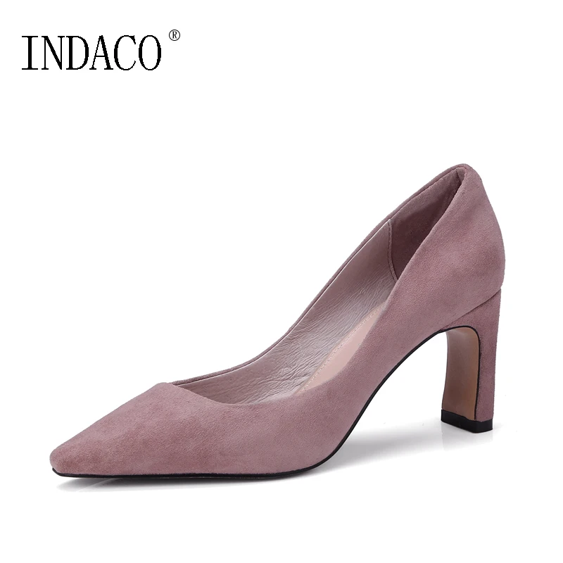 

Sheepskin Leather Thick High Heel Pumps Pink Black Office OL Working Shoes Shallow Pointed Toe 7.5cm Chaussures Femme Talon