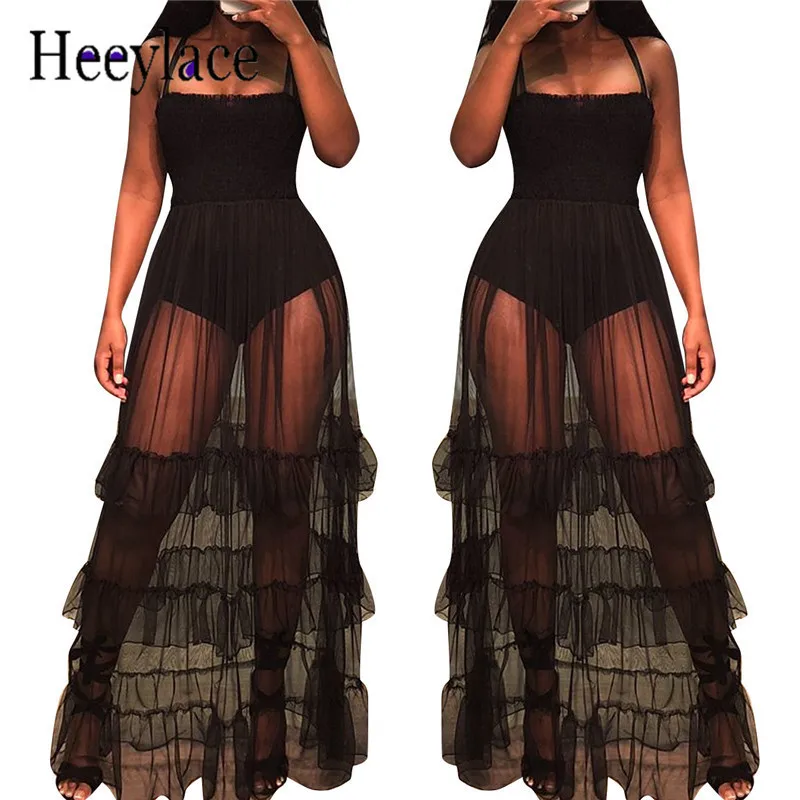 Mujeres negro mesh Lace ruffles Vestidos Longo Sexy Beach Ropa Sexy Sheer perspectiva Maxi Vestidos Club Wear Robe Femme Mujeres negro mesh Lace ruffles Vestidos Longo Sexy Beach Ropa Sexy Sheer perspectiva Maxi Vestidos Club Wear Robe Femme