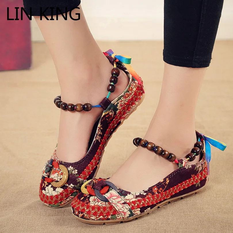 

LIN KING Top Quality National Slip On Women Flats Shoes Big Size Comfortable Woman Loafers Fashion Bead Outdoor Casual Shoes