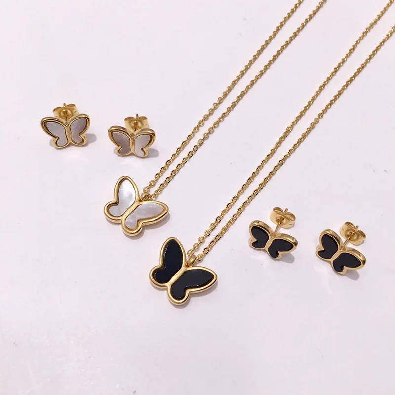

Bilincolor golden small stainless steel fashion white shell butterfly necklace and earrings jewelry sets for women