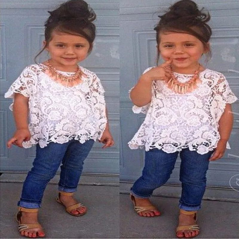 Girls Fashion Denim Clothing Sets Children Casual Summer Short Sleeve + Cotton Sling Top + Denim Trousers Set Hot Sell YAZ058F