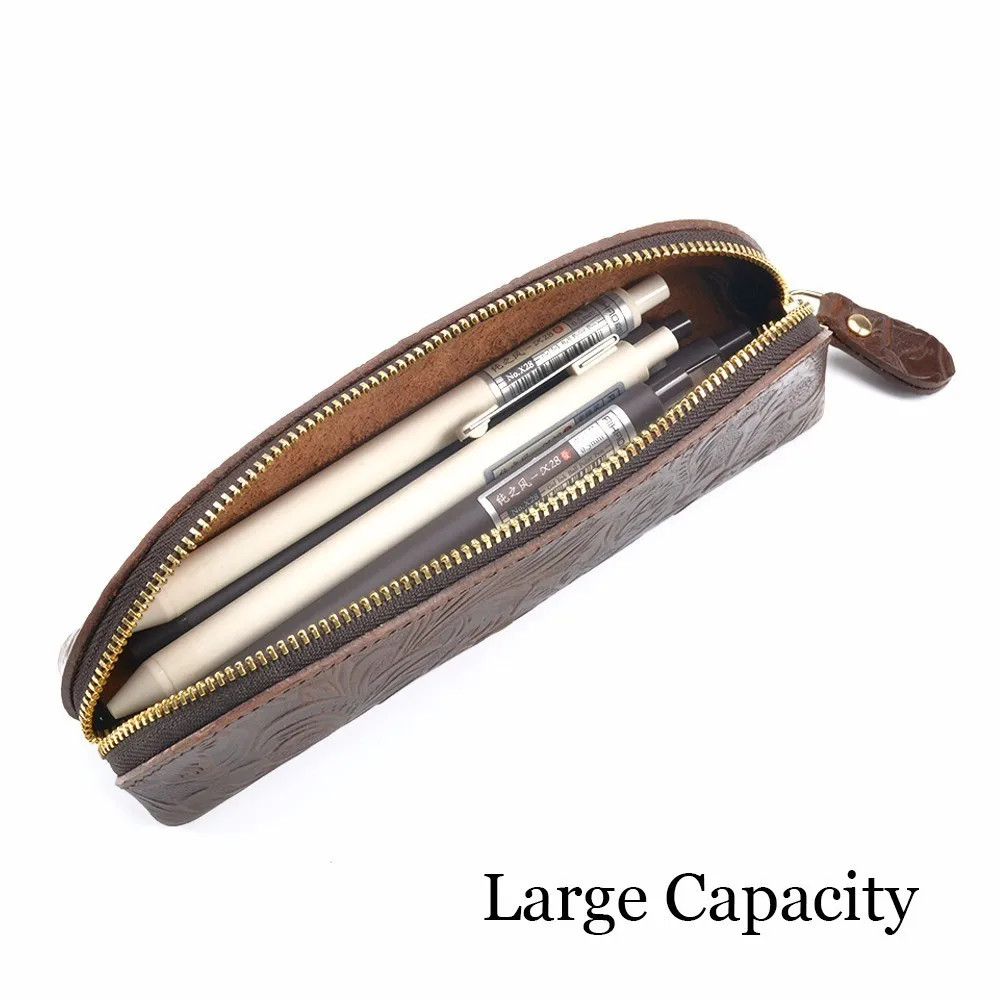 Moterm Handmade Genuine Leather Zipper Pen Pencil Bag Vintage Retro Style Creative School Stationary Accessories Free shipping