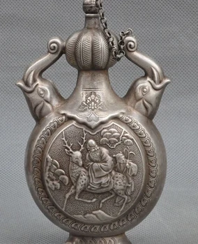 

decoration bronze factory outlets Tibet Silver 6"Old Tibet silver auspicious Longevity god ride deer Lucky statue snuff bottle