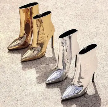 

Moraima Snc Fashion Silver Metallic Leather High Heel Boots Chic Style Pointed Toe Ankle Boots for Woman Sexy Riding Boots