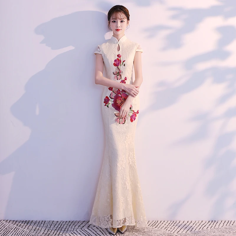 Национальный китайский женский снижается Cheongsam цветок Элегантный длиной до щиколотки Русалка вечернее платье сексуальный тонкий