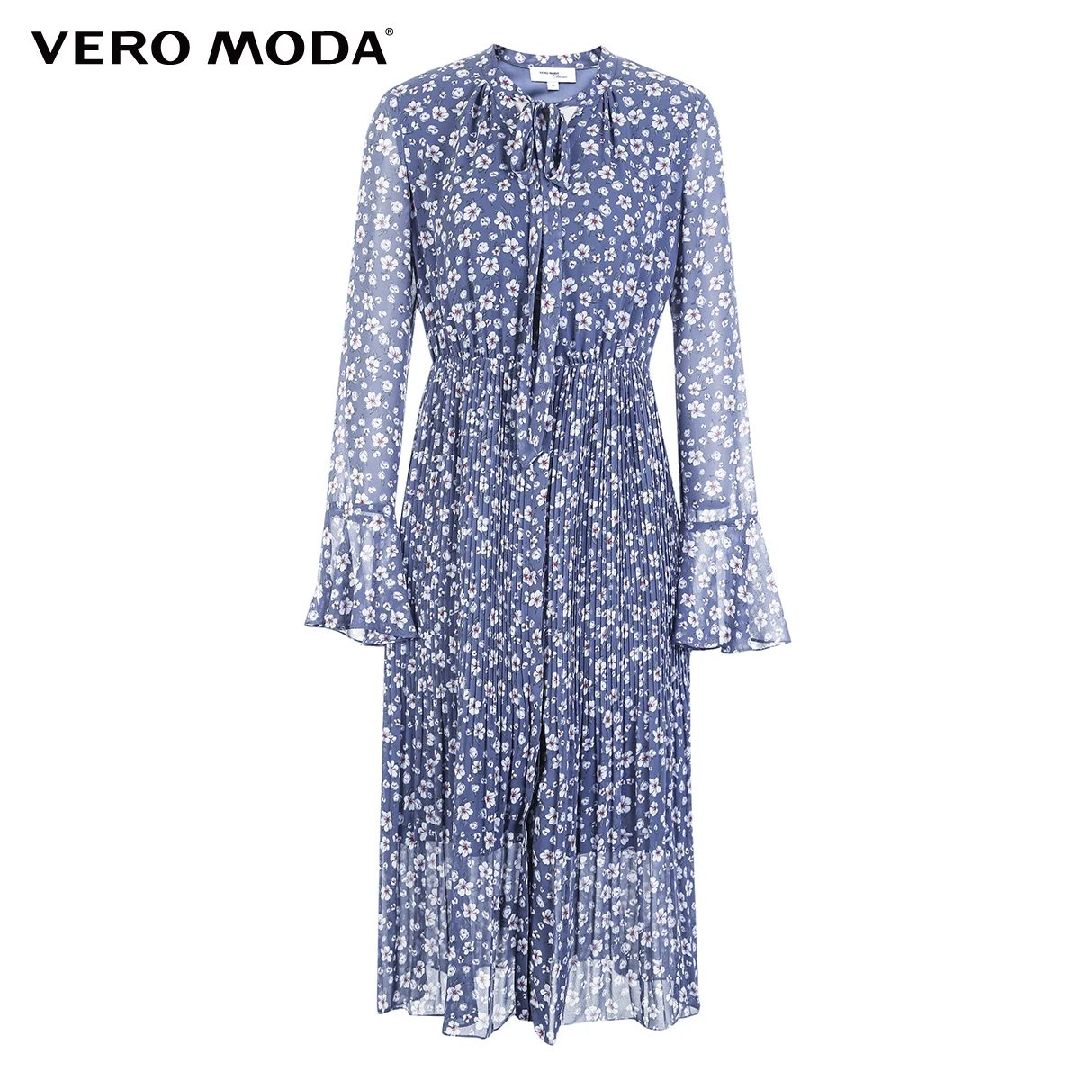 Vero Moda Printed V-neck Lace-up Pleated Mid-length Chiffon Boho Dress | 318305521
