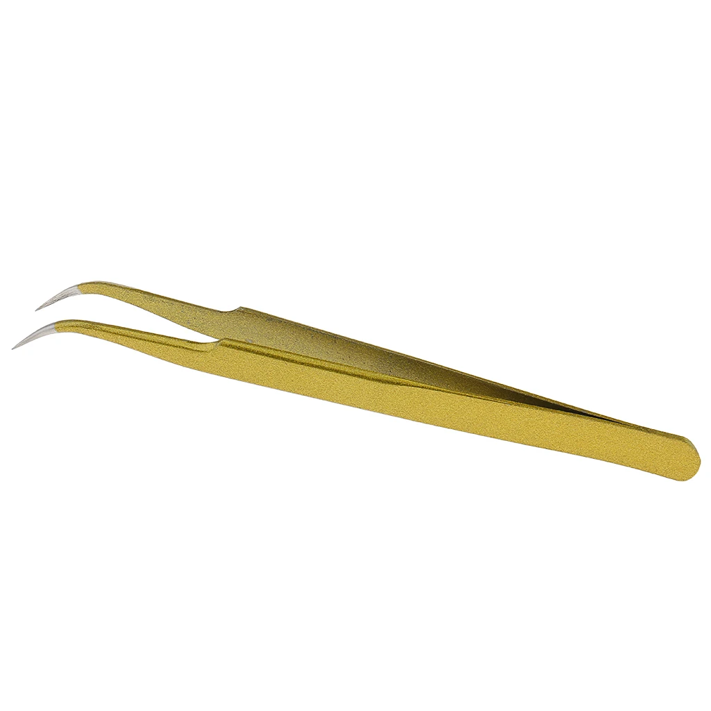 Professional Stainless Steel False Eyelash Extension Tweezers Curved Head Gold Beauty Makeup Tool