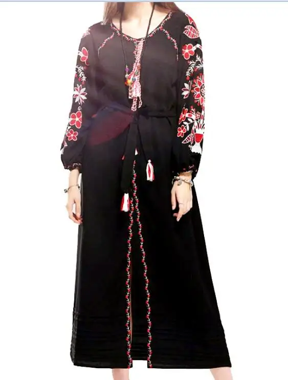 TEELYNN, этническое черное платье в стиле бохо с цветочной вышивкой, осень, винтажное длинное платье с длинным рукавом, повседневное свободное хлопковое женское платье - Цвет: Черный