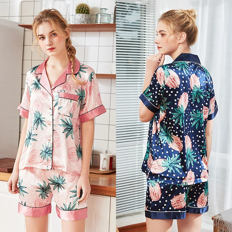 

2019 New Printed Pineapple Spring Summer Home Clothing Women Short Sleeved Pajamas Shorts Two Sets Pyjama Sleepwear Home Clothes
