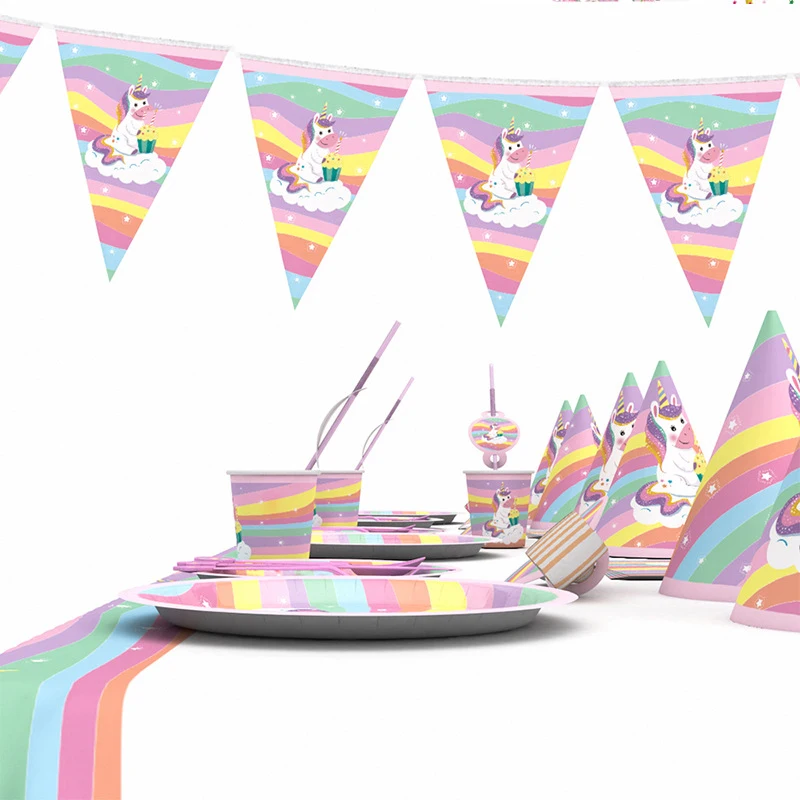Облако Радуга Единорог детский день рождения праздник принадлежности для вечеринок бумажный лоток флаг чашки одноразовые посуда набор