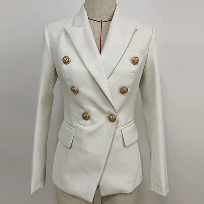 High Quality White PU Leather Jacket Blazer Women Solid Double Breasted Slim Office Lady Faux Leather Blazers Mujer Coat Female