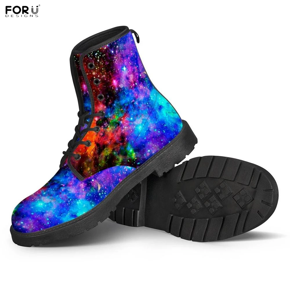 

FORUDESIGNS Galaxy/Universe/Space/Nebula Pattern Woman Leather Boots 2019 Fashion Motorcycle Boots Lady Autumn Round Toe Shoes
