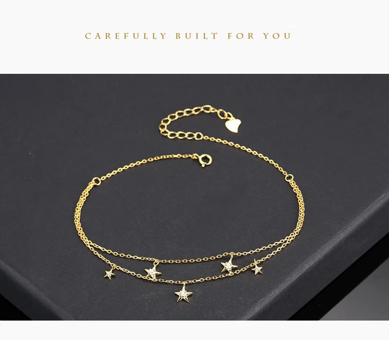 Qevila Fine Jewelry 100% 925 Sterling Silver Summer Ankle Bracelet Gold Anklet Elegant Star Foot Leg Chain Charm for Women Gift  (10)