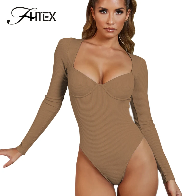 Женские облегающие боди FHTEX однотонные с v образным вырезом и длинным рукавом