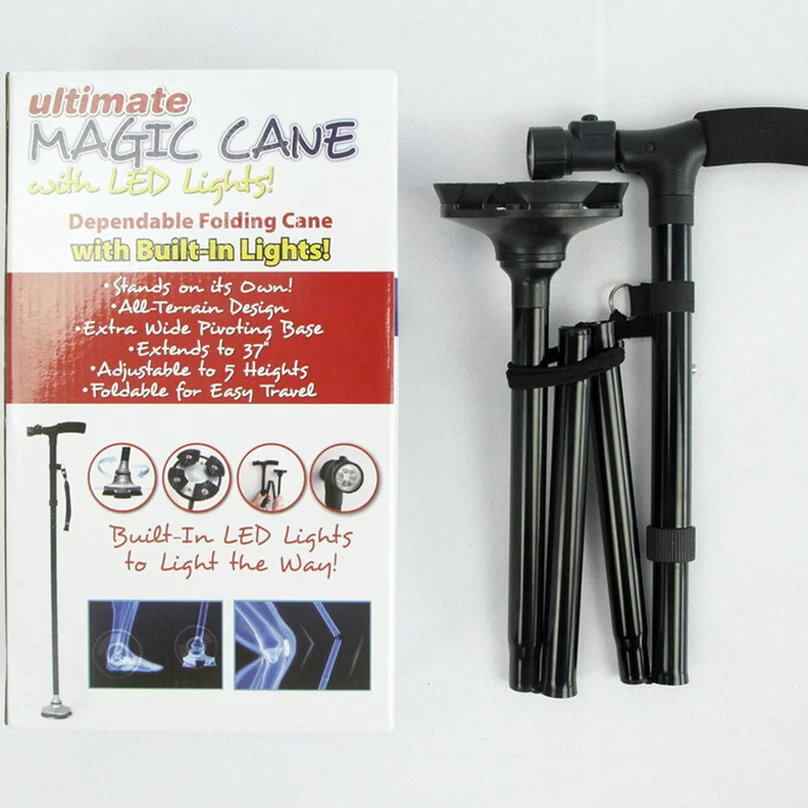 

1pcs Magic Cane Folding LED Light Safety Walking Stick 4 Head Pivoting Trusty Base For Old Man T Handlebar Trekking Poles Cane
