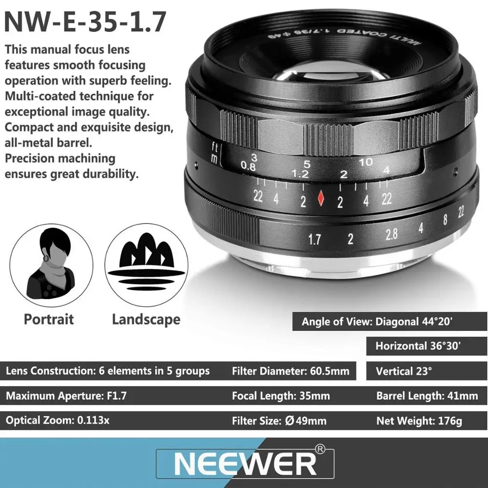 Neewer 35 мм F/1 7 ручная основная фиксированная линза с большой диафрагмой для