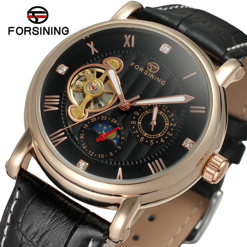 

FORSINING Brand Mens Genuine Leather Tourbillon Automatic Mechanical Watch Moon Phase Roman Number Wristwatch Relogio Releges