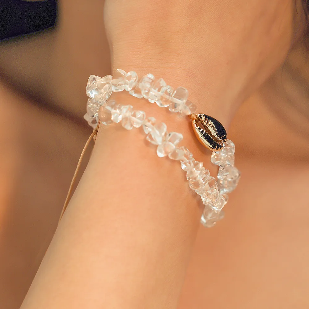 

2pcs/set Transparent Women Bracelet Shell Irregular Resin Stone Beaded White Bracelets Summer Holiday Beach Boho Jewelry MD009