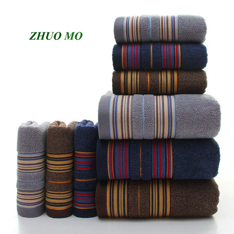 ZHUO MO 3-Pieces Thicker Stripe Pattern Soft Cotton Towel Set Bathroom Super Absorbent Bath Towel blue gray brown Face Towels
