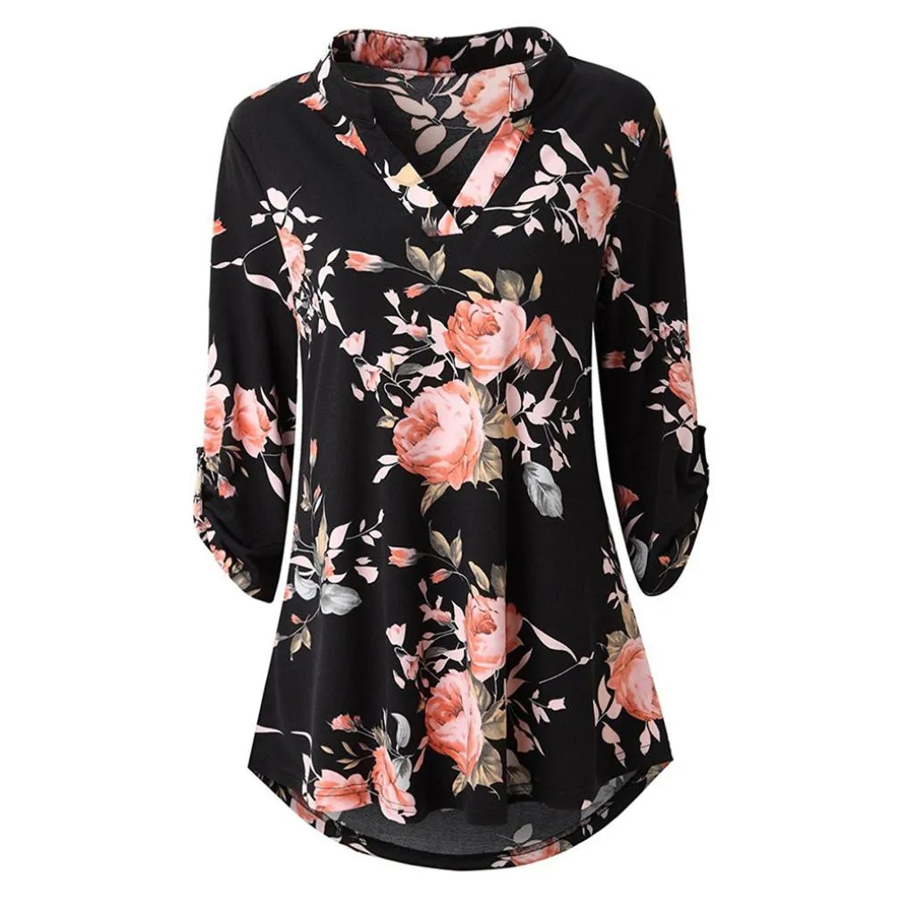 

T shirt Women Long Sleeve Floral Printed Roll-Up Casual Button Layered Casual Tops Shirt Lady V Neck puls size mother wear femme