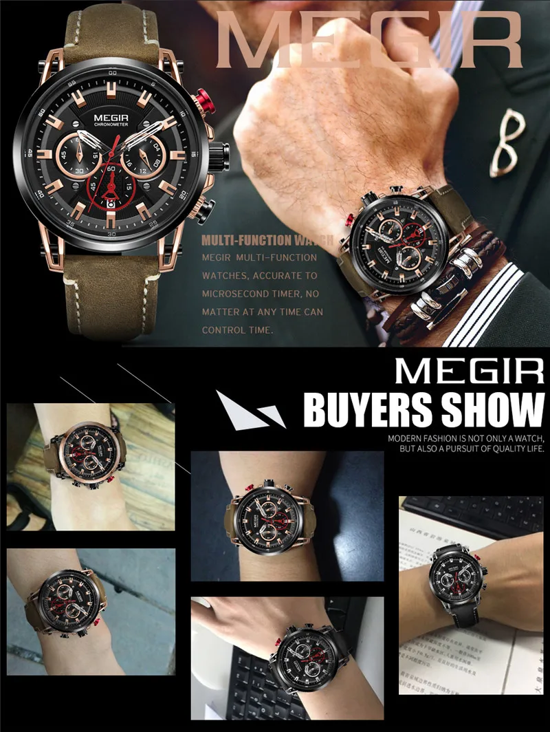MEGIR, мужские часы, Топ бренд, роскошные, золотые, с хронографом, наручные часы, с датой, военные, спортивные, с кожаным ремешком, мужские часы, Relogio Masculino 2085