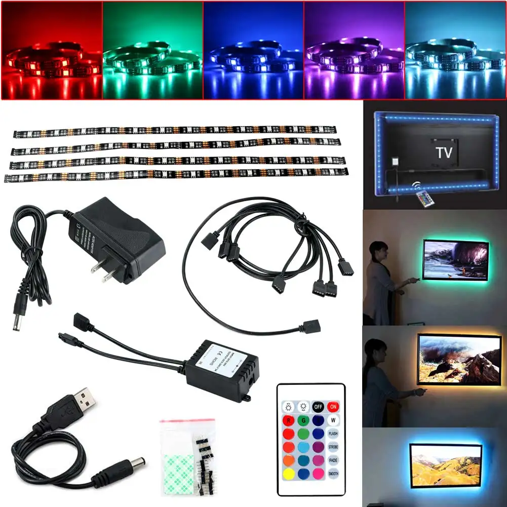 4 шт. HD ТВ 5 В RGB 12Led полосы света USB Мощность ТВ подсветка W/Remote Управление набор США разъем сократить длину Y7