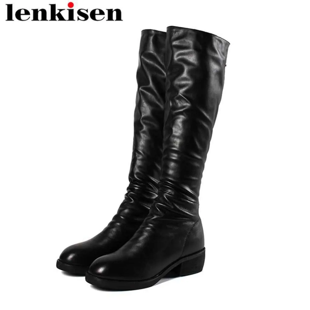 

Lenkisen 2018 european style black color round toe thunky med heels sheep leather winter keep warm Gorgeous knee-high boots L6