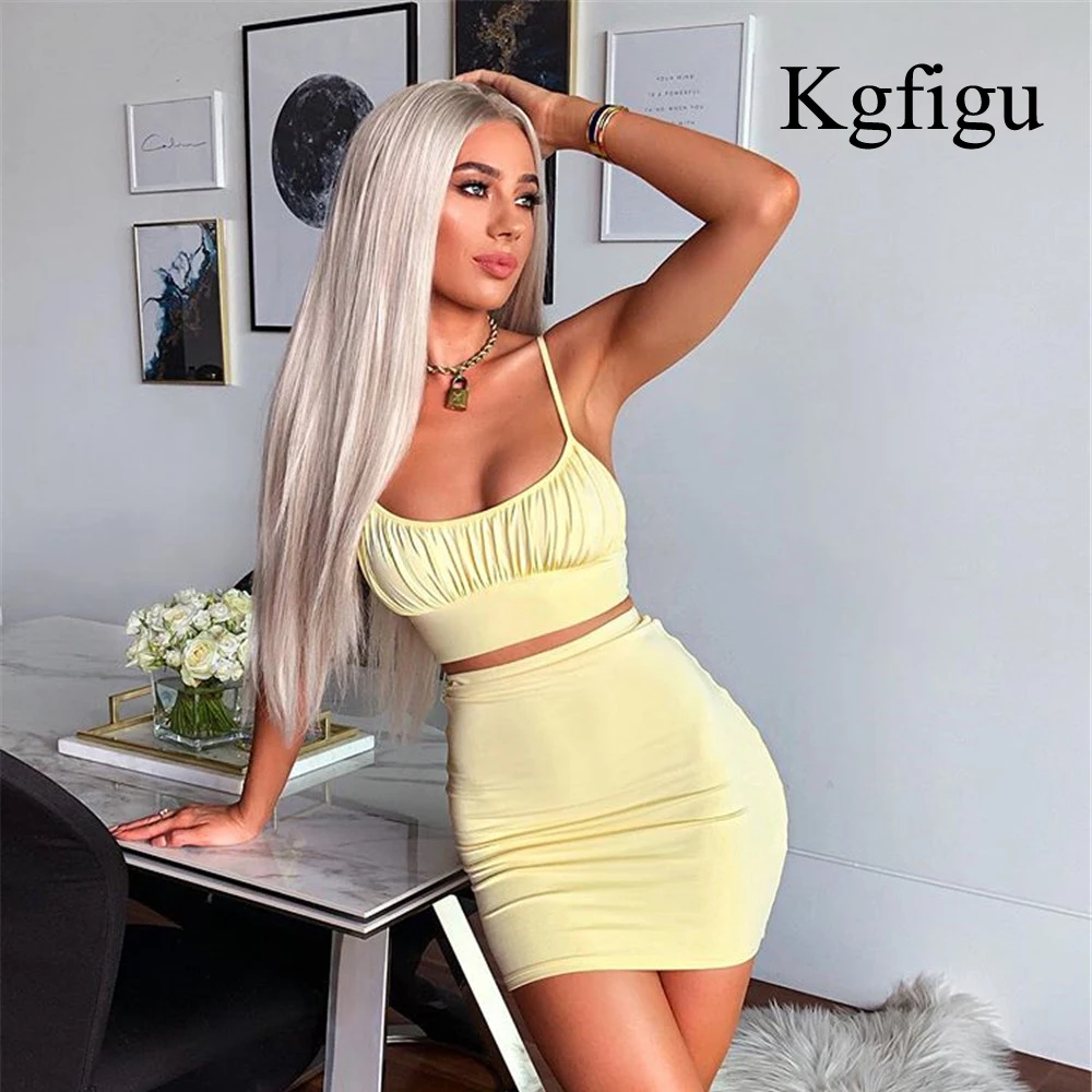 

KGFIGU 2 Layers Summer Two Piece Set Ruched Crop Top And Skirt 2 Piece Set Women Party Birthday Outfits Sexy Club Matching Sets
