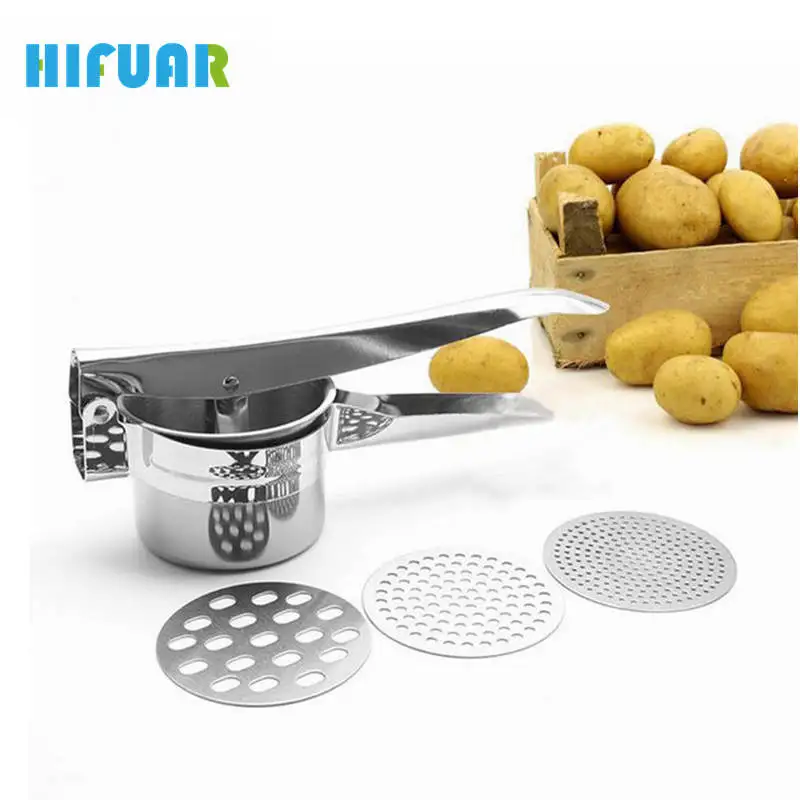 

HIFUAR Potato Mashers Ricers Kitchen Cooking Tools Pressure with 3 Interchangeable Disks Vegetable Press Maker Garlic Presser