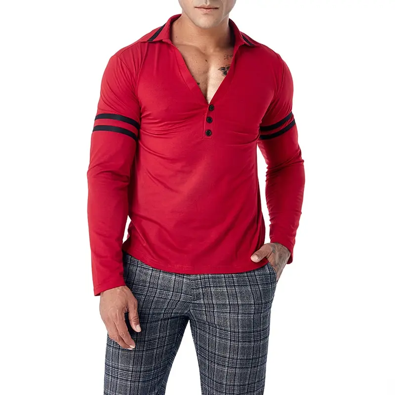

MAJARTORIA New Brand 2019 V-neck Long Sleeve Polo Shirt Men Casual Striped Camisa Polo Good Quality Cotton Polo