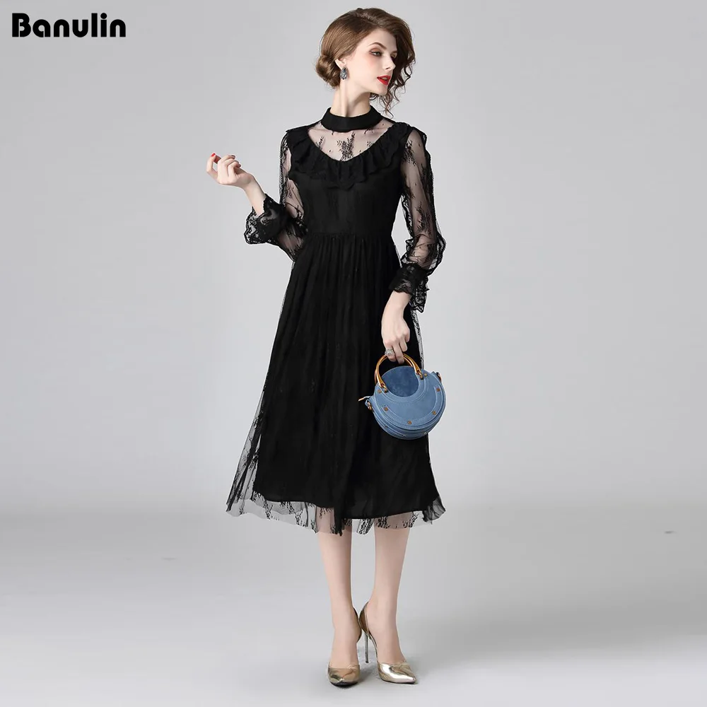 

Banulin Women Hollow Out Lace Flare Long Sleeve Dress New 2018 Spring Autumn Female Elegant Dresses Vestido Robe Clothing
