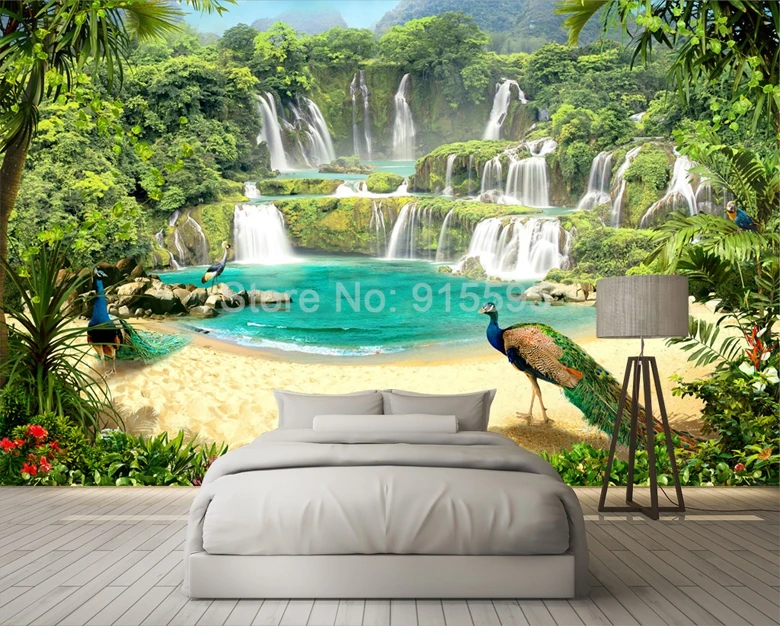 Пользовательские 3D обои фрески водопад Павлин озеро пейзаж 3D эффект гостиной диван ТВ фон настенная Фотообои
