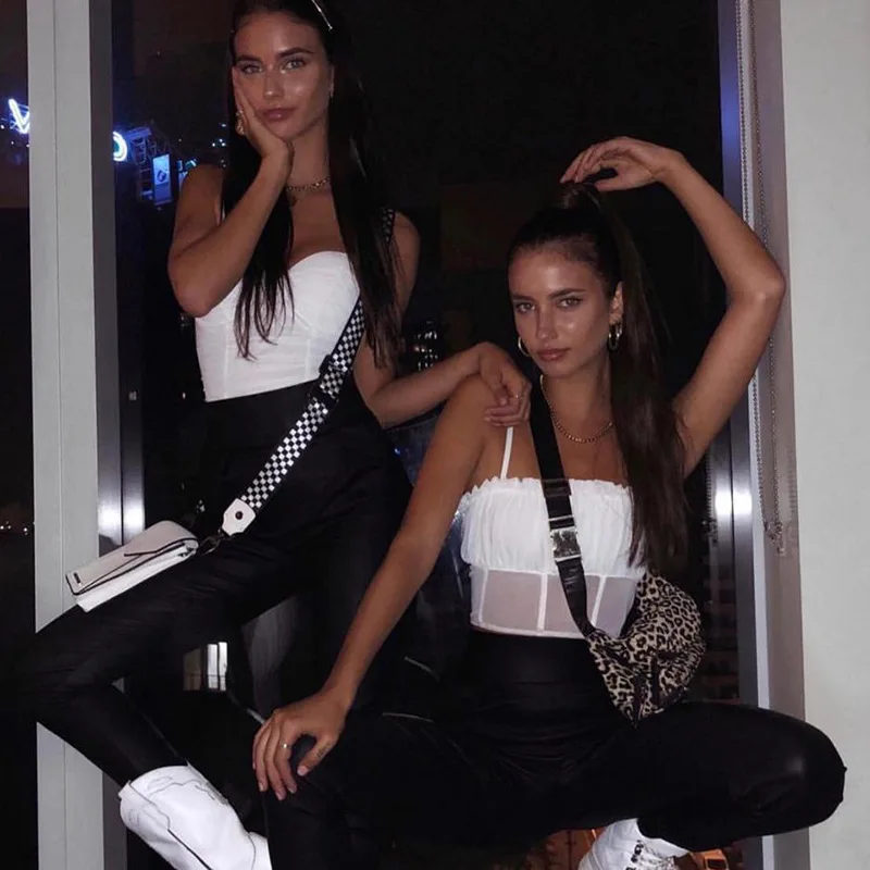 Hugcitar spaghetti straps mesh patchwork ruffles sexy camis 2019 summer women fashion party club streetwear solid crop tops