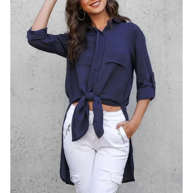 Fashion Women Turn Down Collar Long Sleeve Button Splited