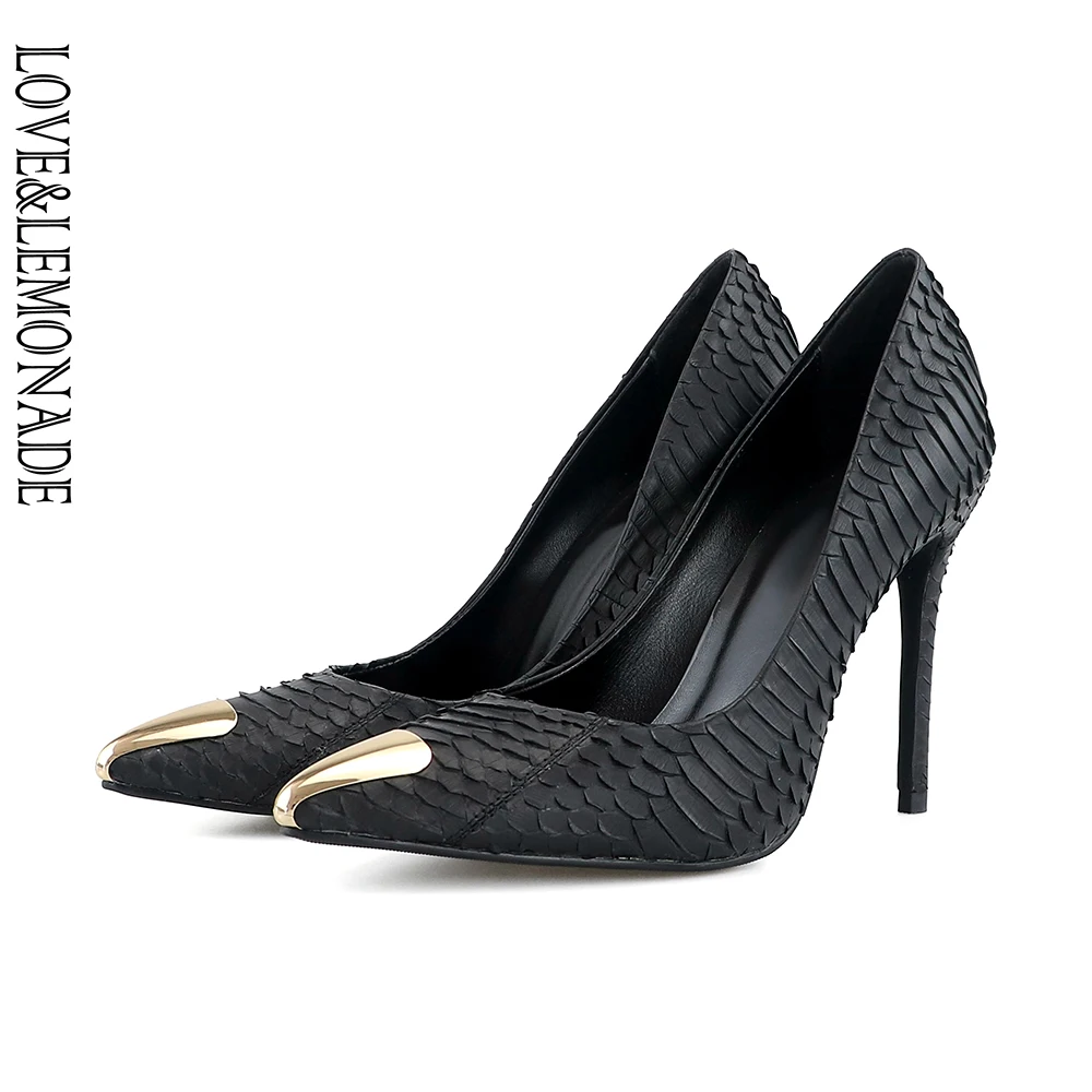 

LOVE&LEMONADE Black Snakeskin Metal Pointed High Heels LMSH009