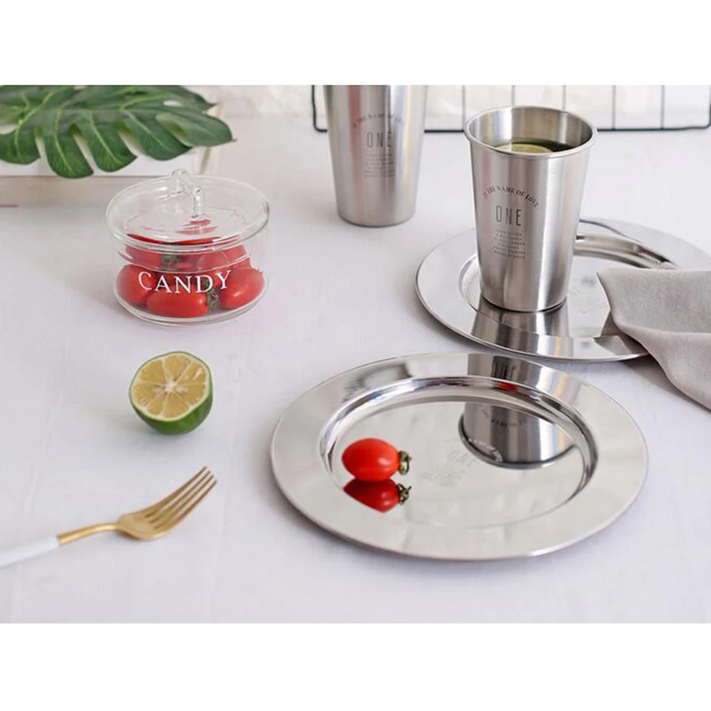 Set of 2 Thin Round Dishes Serving Metal Tray Mess Salad Snack Plate Dinner Dishwasher Safe