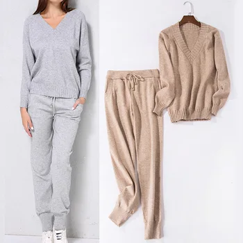 

Women's V neck knitted Sweater Trousers 2pcs Track Suits Casual Loose Soft Knitting Female Sets 2019 Spring Fashion Tracksuits