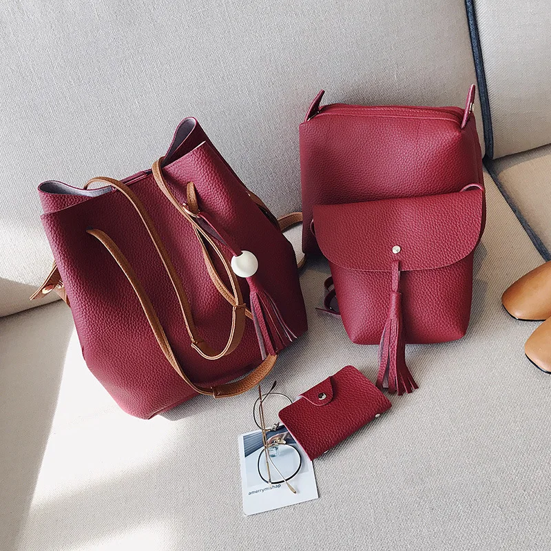 

2019 New Four-piece/set Women's Bag Korean Wooden Ball Crossbody Water Bucket Shoulder Messenger Handbags Card Holder Bags